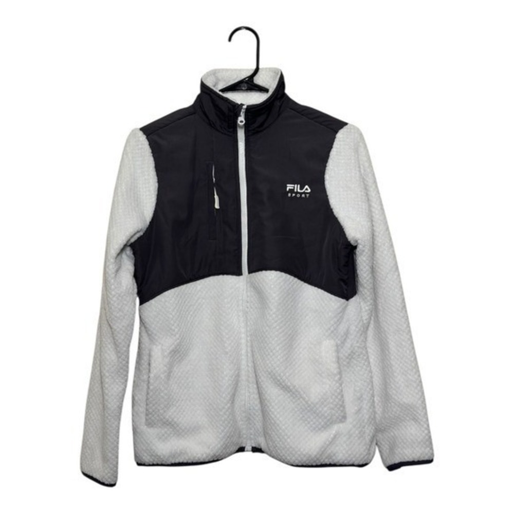 Fila Sport Womens Full Zip Athletic Fleece Jacket White Gray Contrast Size Small